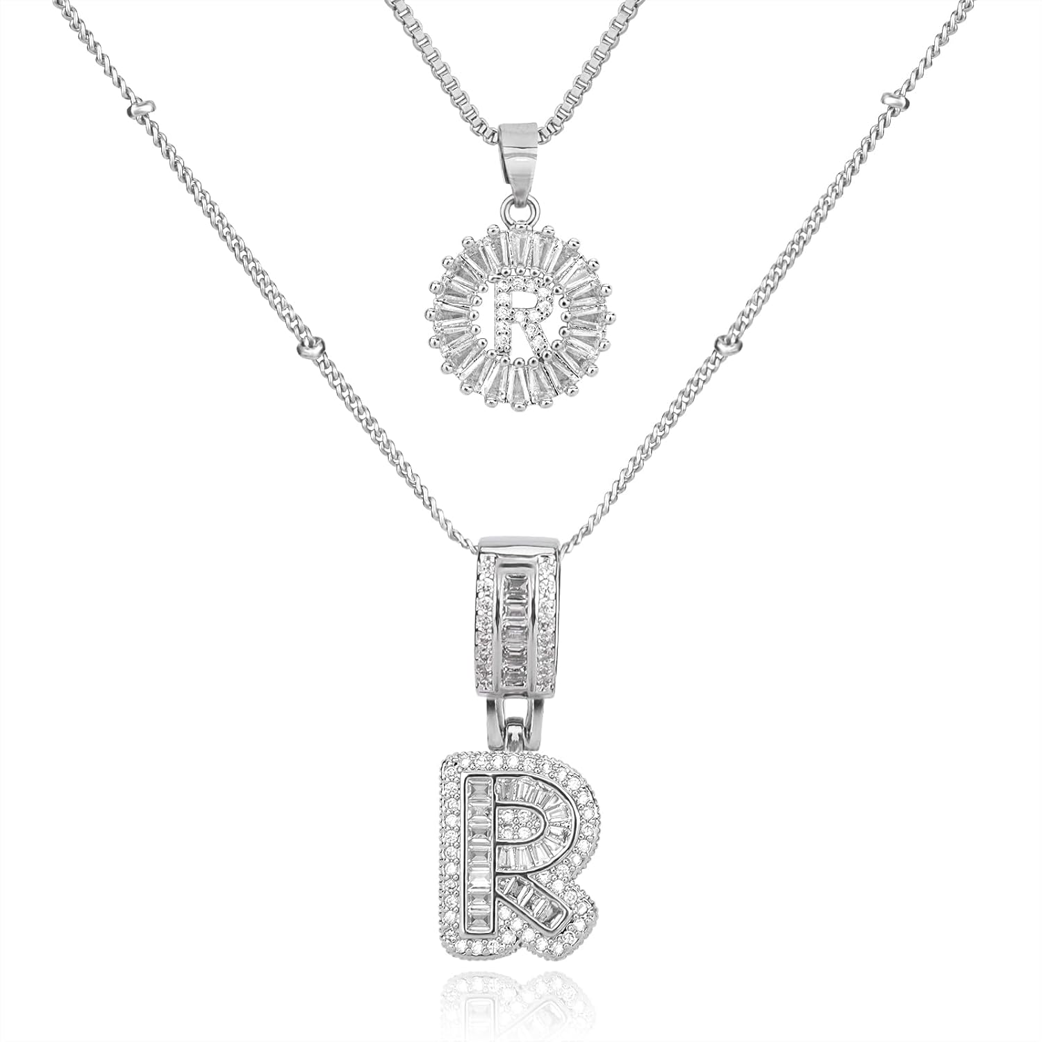 MEIITRUE Initial Letter Necklace for Women 14k White Gold Silver Plated Dainty Necklaces Trendy Chunky Custom Layered Necklace Set Personalized Round Circle Zirconia A-Z Letter Chain Pendant Jewelry Gift