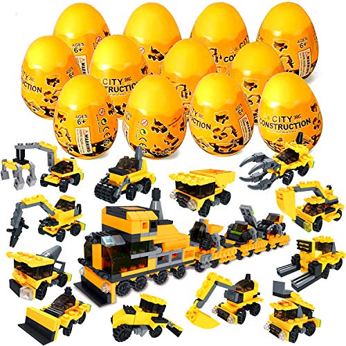 12Pcs Pre Filled Easter Eggs with Construction Vehicles Building Blocks, Egg Surprise Toys for Easter Basket Stuffers, Easter Party Favors, Easter Basket Filler, Easter Egg Hunt Classroom Prize Toys