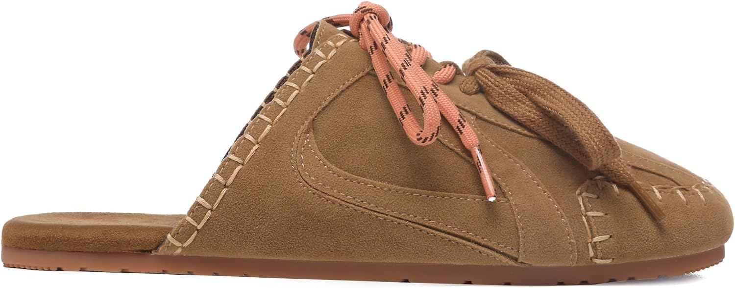 Sneaker Mules for Women Round Toe Lace up Slip on Suede Mule with Two Tone Laces Closed Toe Casual Backless Flats Shoes
