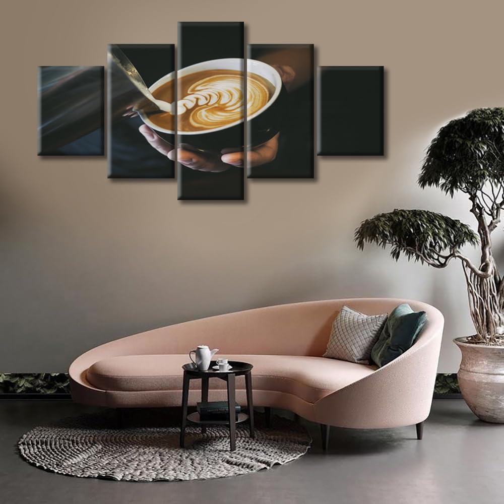 Grinder Cup of Coffee Wall Art for Living Room Coffee and Coffee Bean Kitchen Wall Art 5 Panel Coffee Latte Artwork Picture Home Decor Giclee Wooden Framed Gallery-Wrapped Ready to Hang, 60" Wx32 H