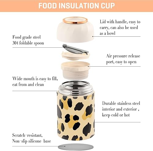 Miniatura 4 de Tarro de comida de leopardo marrón con cuchara de acero inoxidable aislado al vacío, contenedor de alimentos de 17 onzas para alimentos calientes