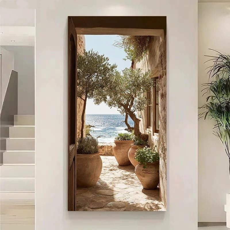 Lienzos decorativos para pared, pintura moderna de estilo costero, láminas de paisajes mediterráneos con olivos para la decoración del hogar (30x65cm/marco interno).