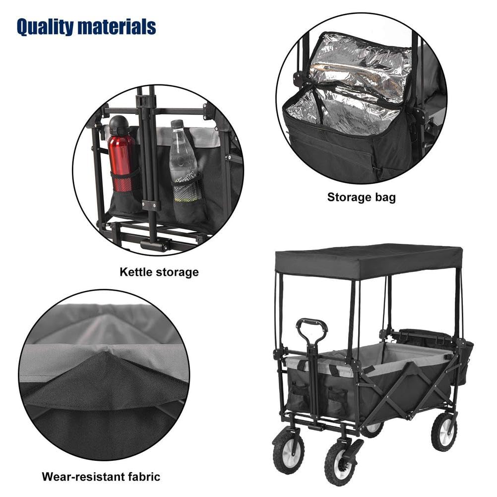 Carrello da giardino pieghevole resistente, con tettoia rimovibile, 4 ruote, portabicchieri anteriore, manico regolabile, ideale per uso esterno