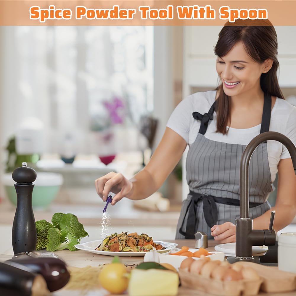 8 Pz Mini Barattolo di Spezie con Cucchiaio, Barattolini Vetro Piccoli con Tappo, Contenitori per Sale, Pepe da Cucina, 2 Misure Dosatore in Polvere con 1 Imbuto, Barattoli di Spezie Sigillati
