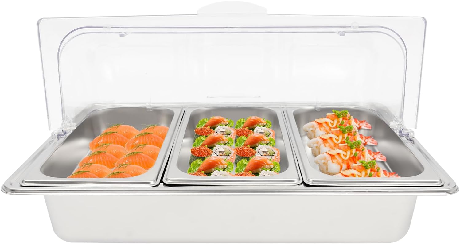 3-Compartment Stainless Steel Food Display Server with Clear Roll-Top Lid & Buckles, Countertop Buffet Pan for Restaurant Hotel Kitchen Party, 2.38 Gal