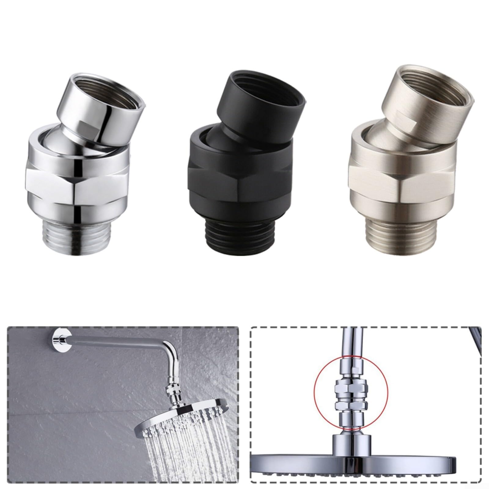 Adattatore girevole per soffione doccia, giunto sferico, in ottone, flusso d'acqua, angolo regolabile, filettatura G1/2, argento spazzolato, nero (argento)