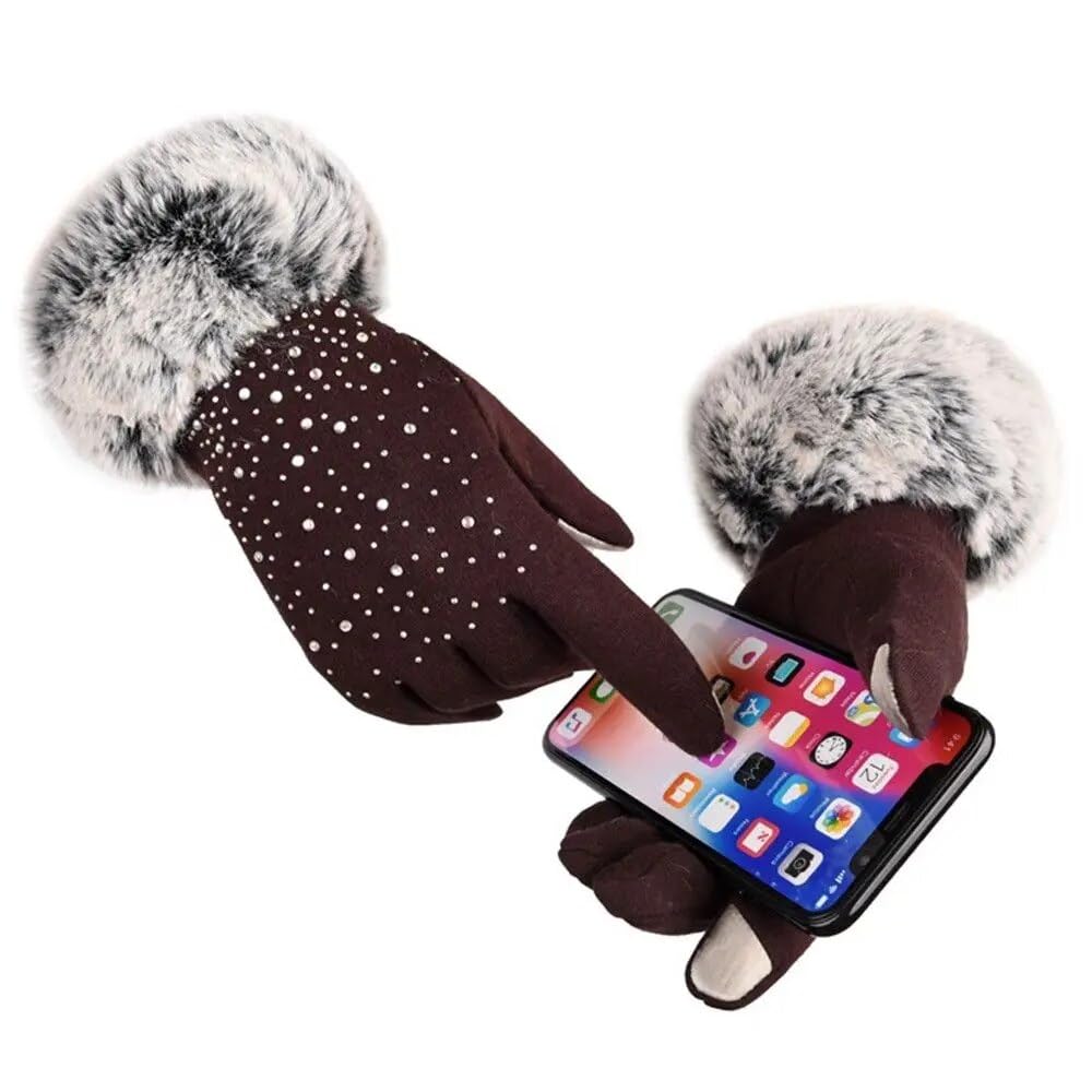 Tomorrow Women's Winter Gloves Soft Warm Touch Screen Gloves for Cold Weather Windproof Covered Finger Faux Fur on The Inner for Cold Weather Women Cute Design Plush Fur Cuff Stone Crafted (Knit)