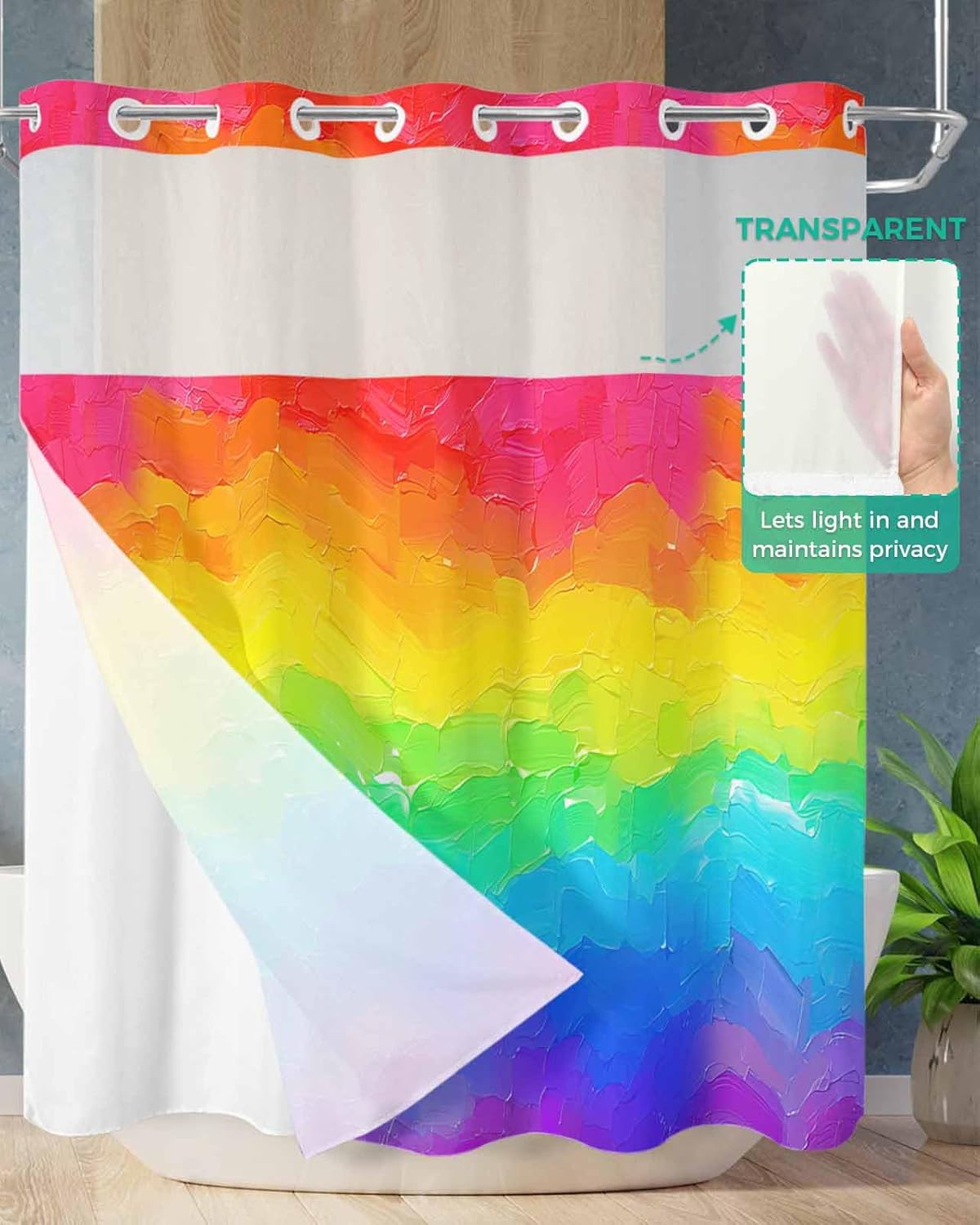 No Hook Shower Curtains with Snap in Liner, Rainbow Oil Painting Waterproof Fabric Shower Curtain, Watercolor Colorful Abstract Art Double Layers & See-Through Top Window Bathroom Curtains 72''x72''