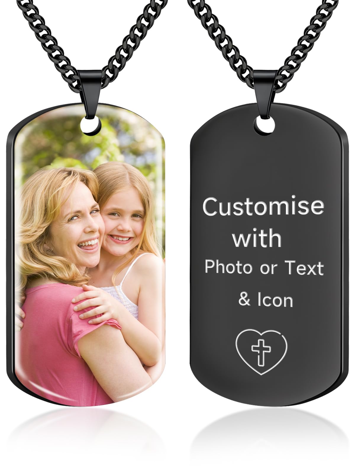 Personalised Dog Tag Necklace with Picture – Stainless Steel Photo Necklaces, Custom Engraved Pendant with Text Icon, Customised Gifts for Men Women