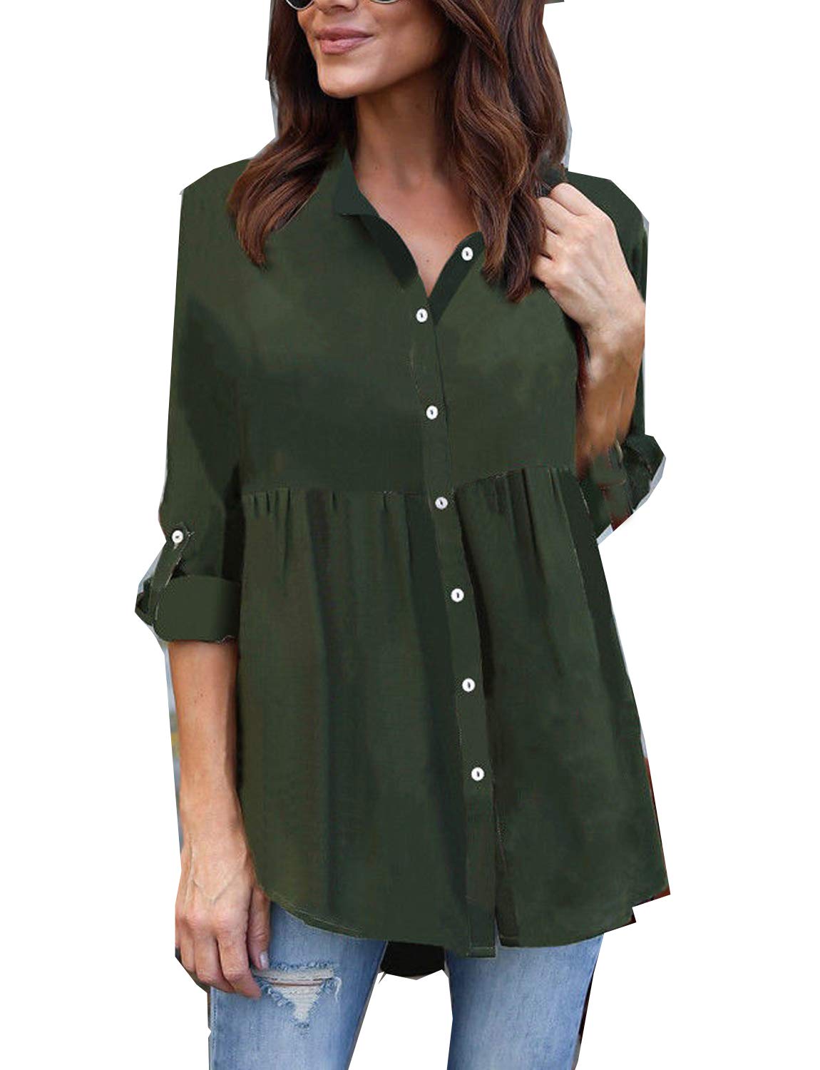 ABRAVO Womens Chiffon Blouse Shirts Long Sleeve Casual Button up T Shirt Pullover Tops