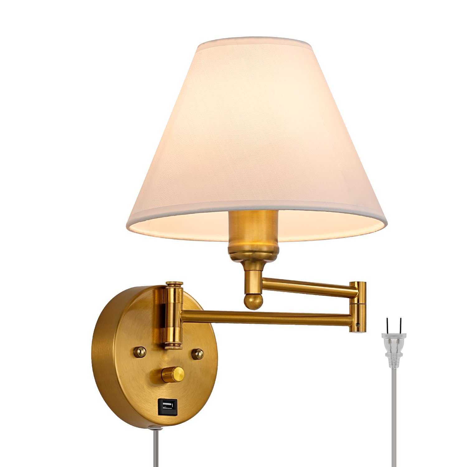 Swing Arm Wall Sconces, Plug-in Wall lamp,Bedroom Wall lamp ， White Fabric Shade，，with dimmable Switch and USB Charging Port, Suitable for Bedside, Living Room, Reading (Golden)