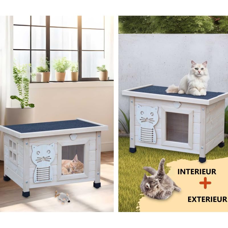 Maison pour Chat Niche avec Toit Pliable pour Exterieur et Interieur 53x45x43cm Filix Natur