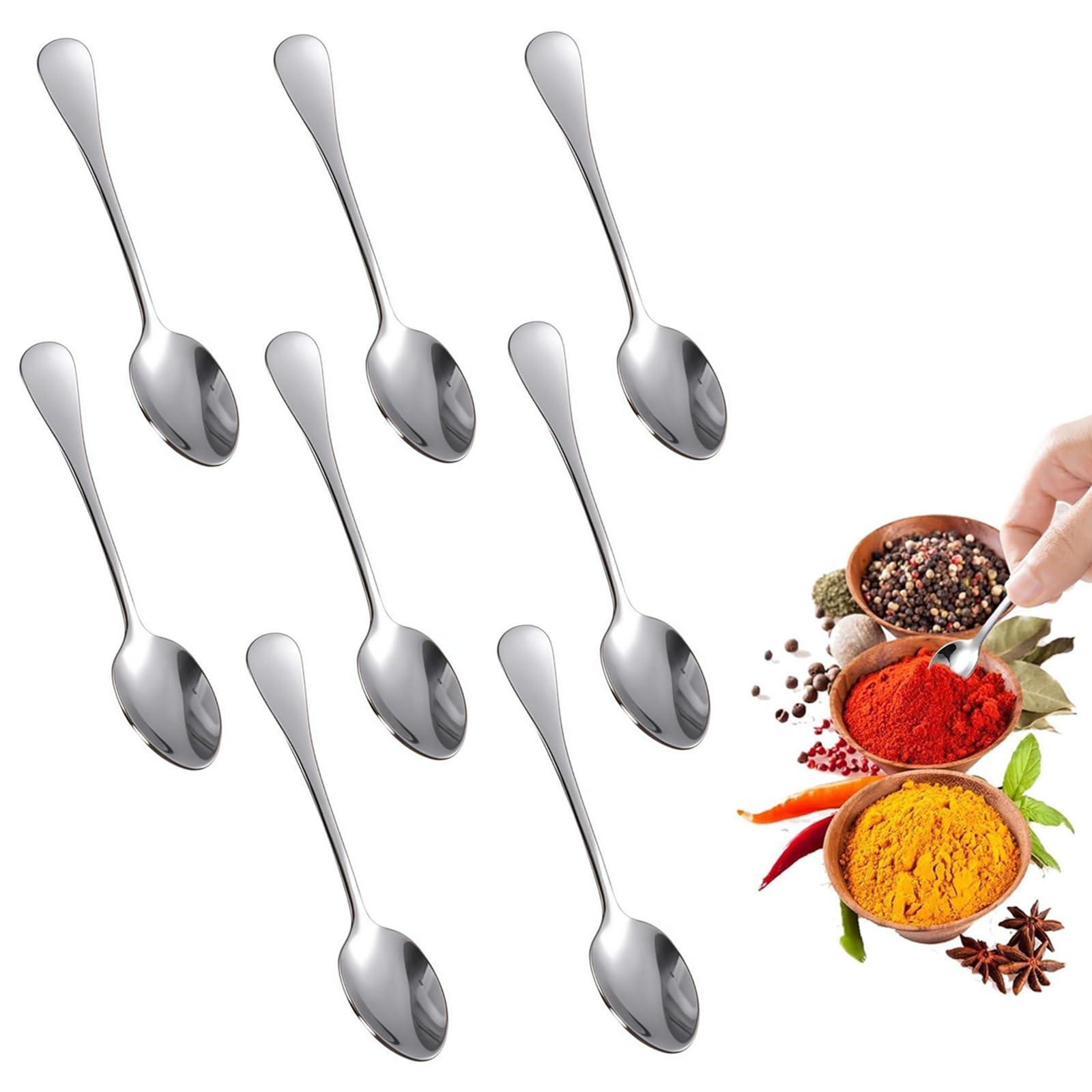 RuiChy 8 Pcs Tiny Seasoning Spoons, Small 9cm Stainless Steel Condiment Scoop Little Teaspoons Mini Size Salt Sugar Spoons for Kitchen Appetizer Jars Honey Coffee Dessert Herb Spices and Milk Powder