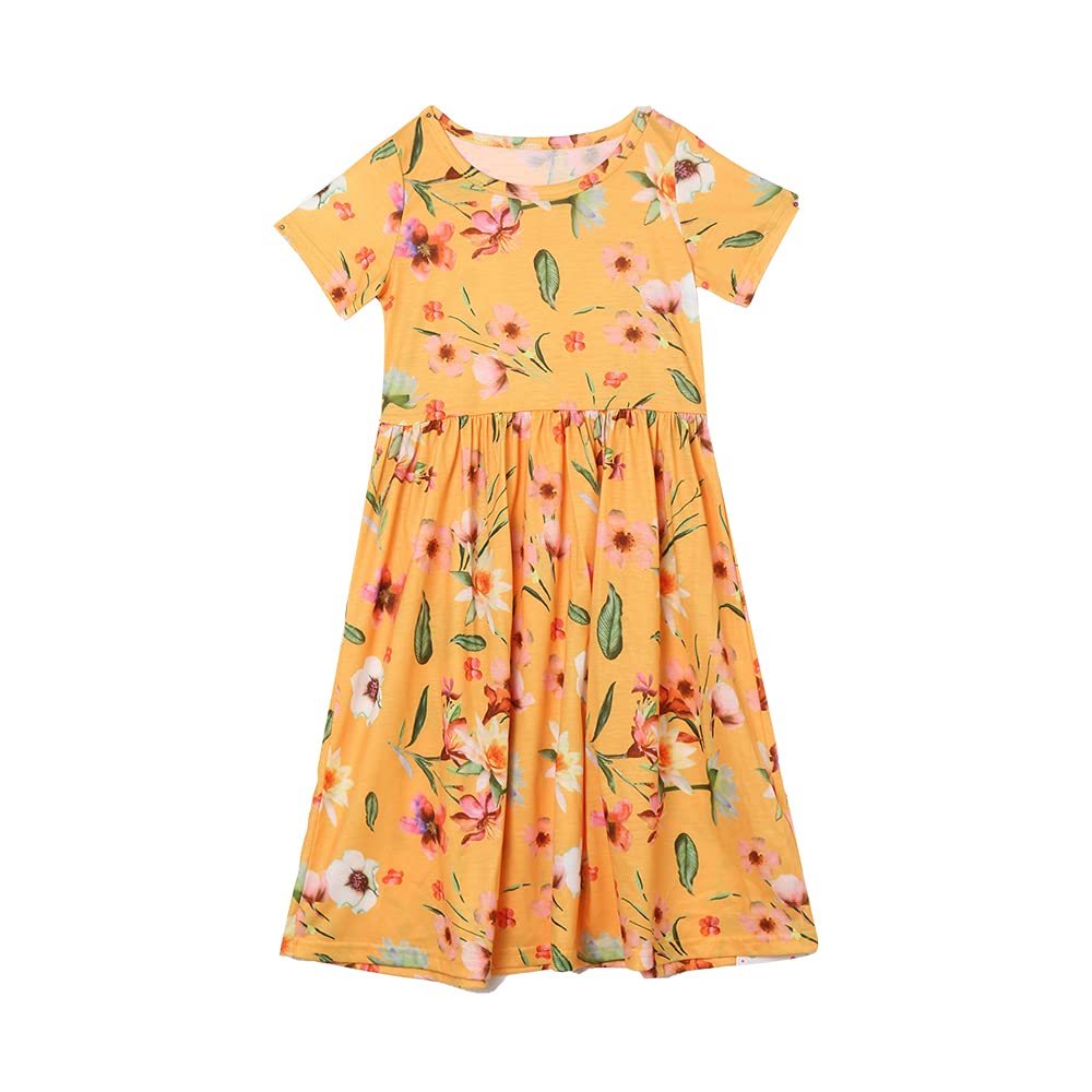 GAZIAR Girls Floral Dress Short Sleeve Summer Causal Midi Dress for Kids Yellow Print 4-5 Years