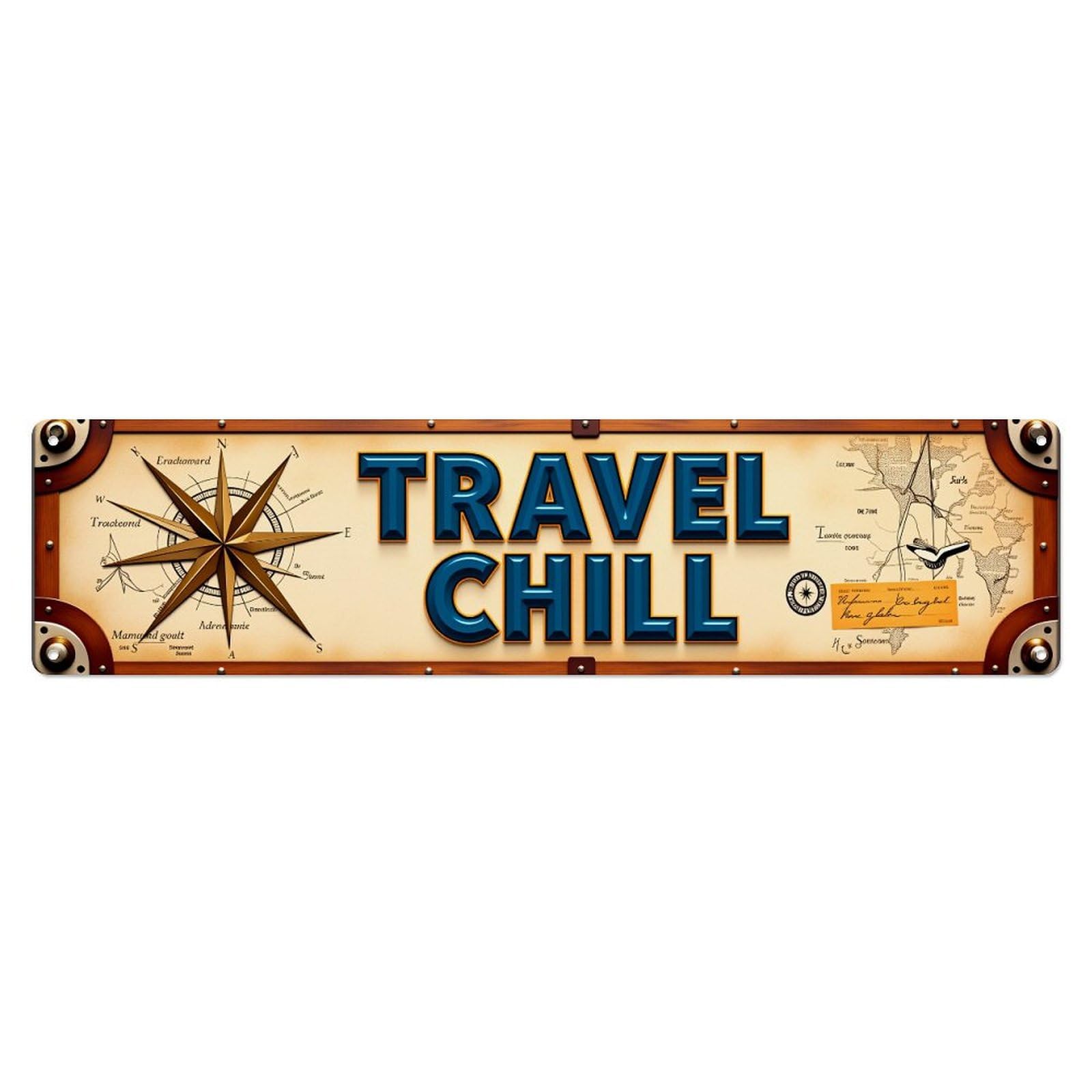 Travel Chill Map Compass Design Tin Sign Vintage Metal Poster Retro Bar, Home, Man Cave, Kitchen, Laundry Room Wall Art Decor Gift 4x16 Inch