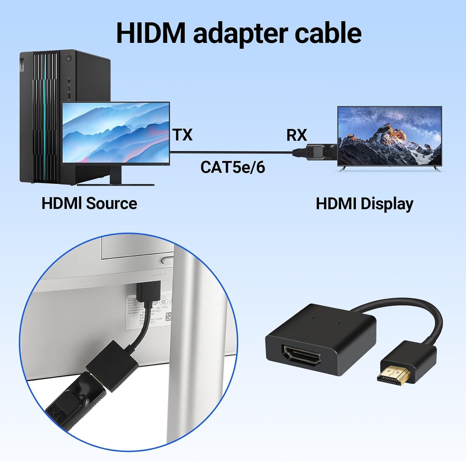 Adattatore HDMI su Ethernet fino a 60 m con cavo di prolunga HD, 1080p a 60Hz da HDMI a RJ45 tramite cavo OFC CAT5/5e CAT6, per TV, PC, PS5, proiettore