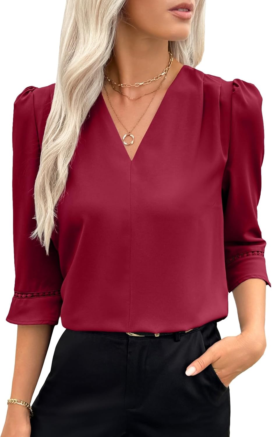 EVALESS Women's 3/4 Sleeve Tops Dressy Casual Pleated V Neck Business Work Blouses Office Shirts