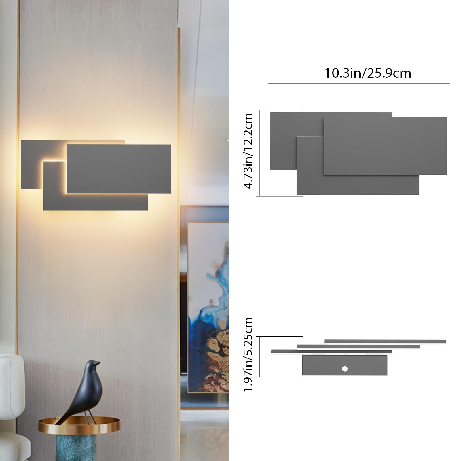 Gouzloyed Wandlamp voor binnen, led-wandlamp voor binnen, 9 W, 230 V, moderne wandlamp voor binnen, warm wit, 3000 K, wandverlichting, wandlicht voor woonkamer, wanddecoratie, slaapkamer, hal (grijs