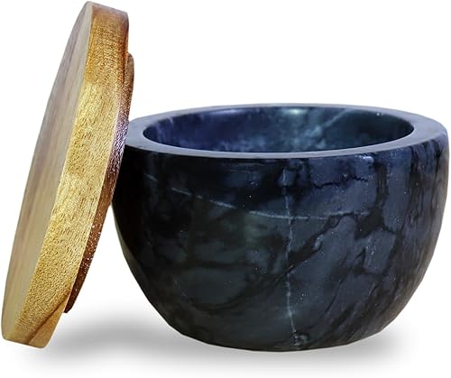 salomayes Caja de sal grande para condimentos de especias, contenedor de pimienta, base de mármol con cubierta de madera, diseño elegante de gran