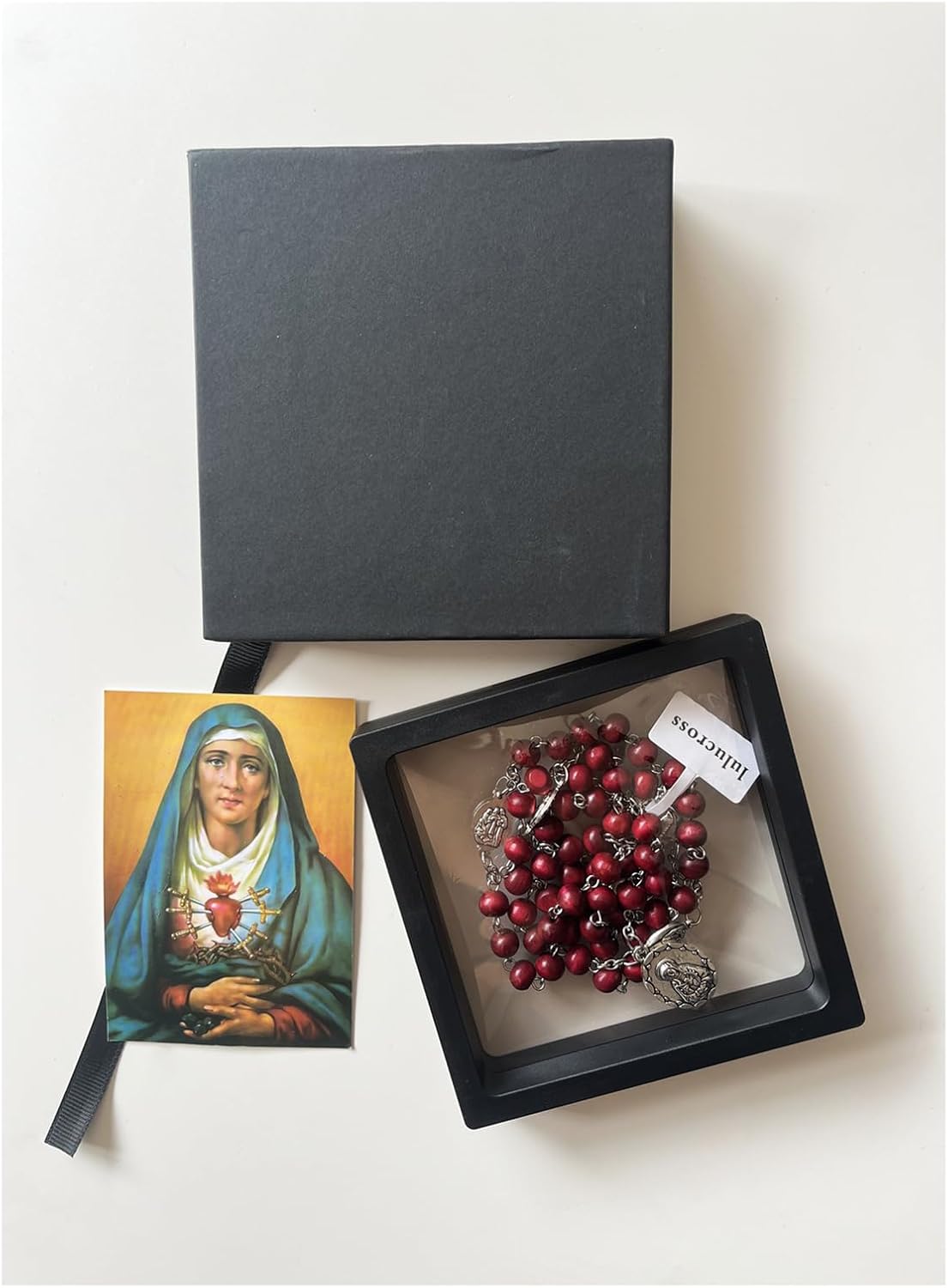 Seven Sorrows of Mary Rosary Chaplet Rose Scented 7 * 8mm Wooden Beads Catholic Jewelry Necklace for Pray (Red)