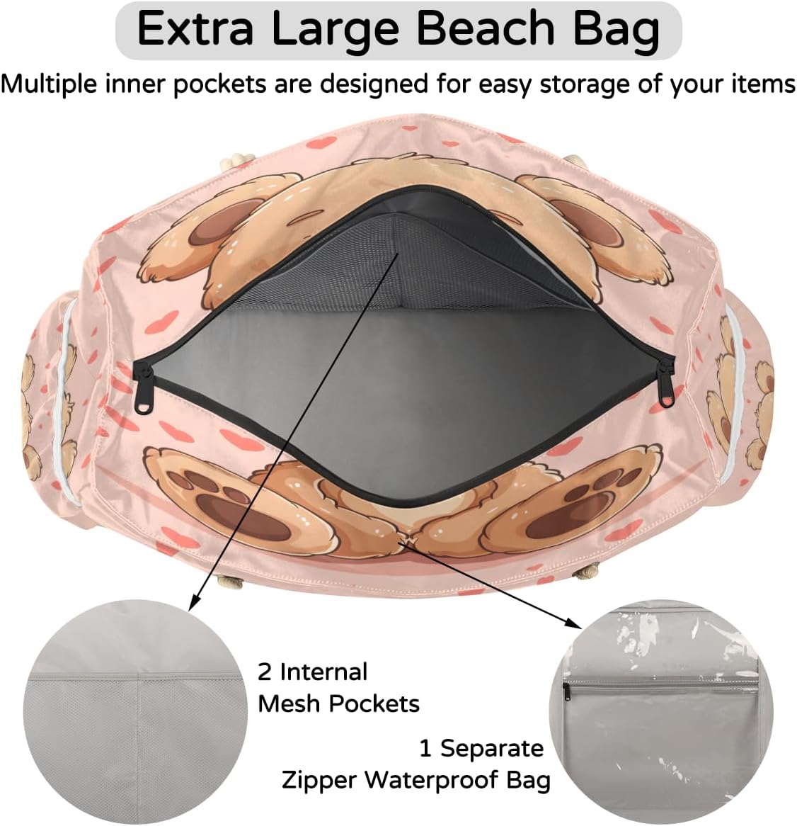 Love Cute Bears Beach Bag for Women Waterproof Sandproof Tote with Zipper Cotton Rope Handles for Travel Pool Gym Shopping