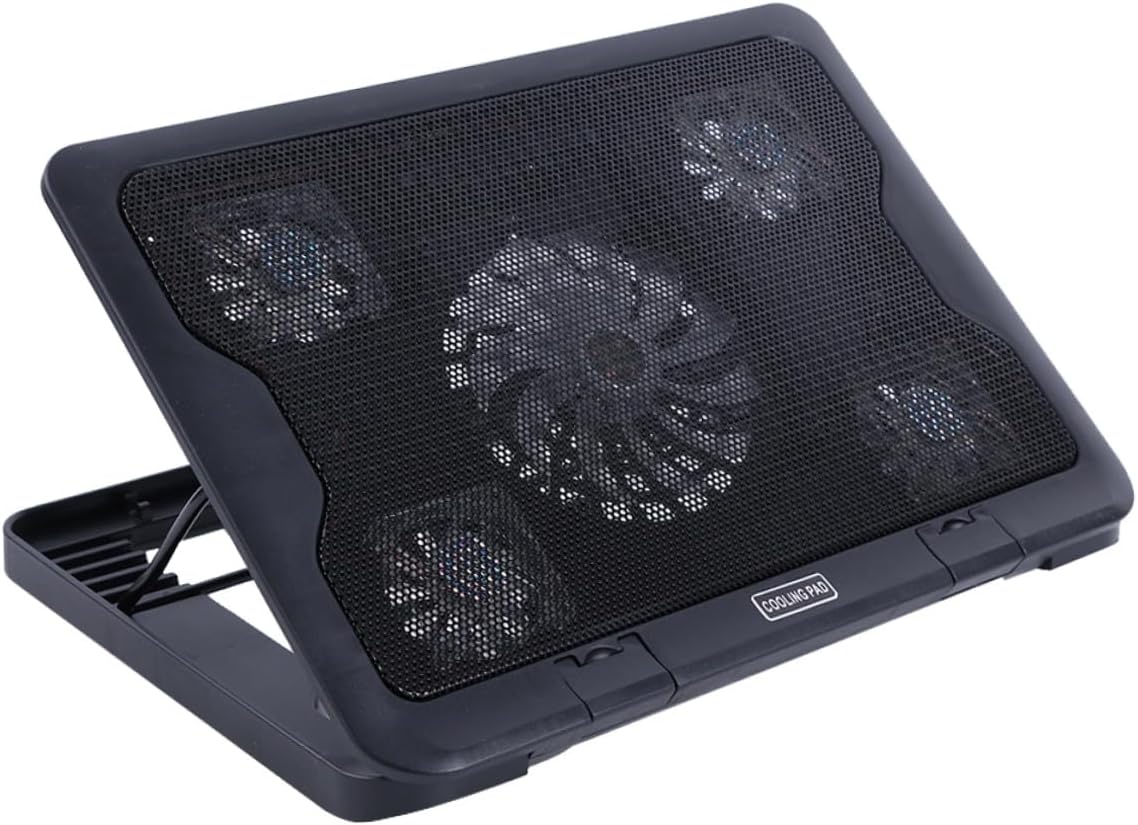 TEHAUX Laptop Cooling Pad with 5 Fans USB Cooling Device Adjustable Stand for Notebook and Gaming Laptops Black Non-Slip Base Cooler Mat