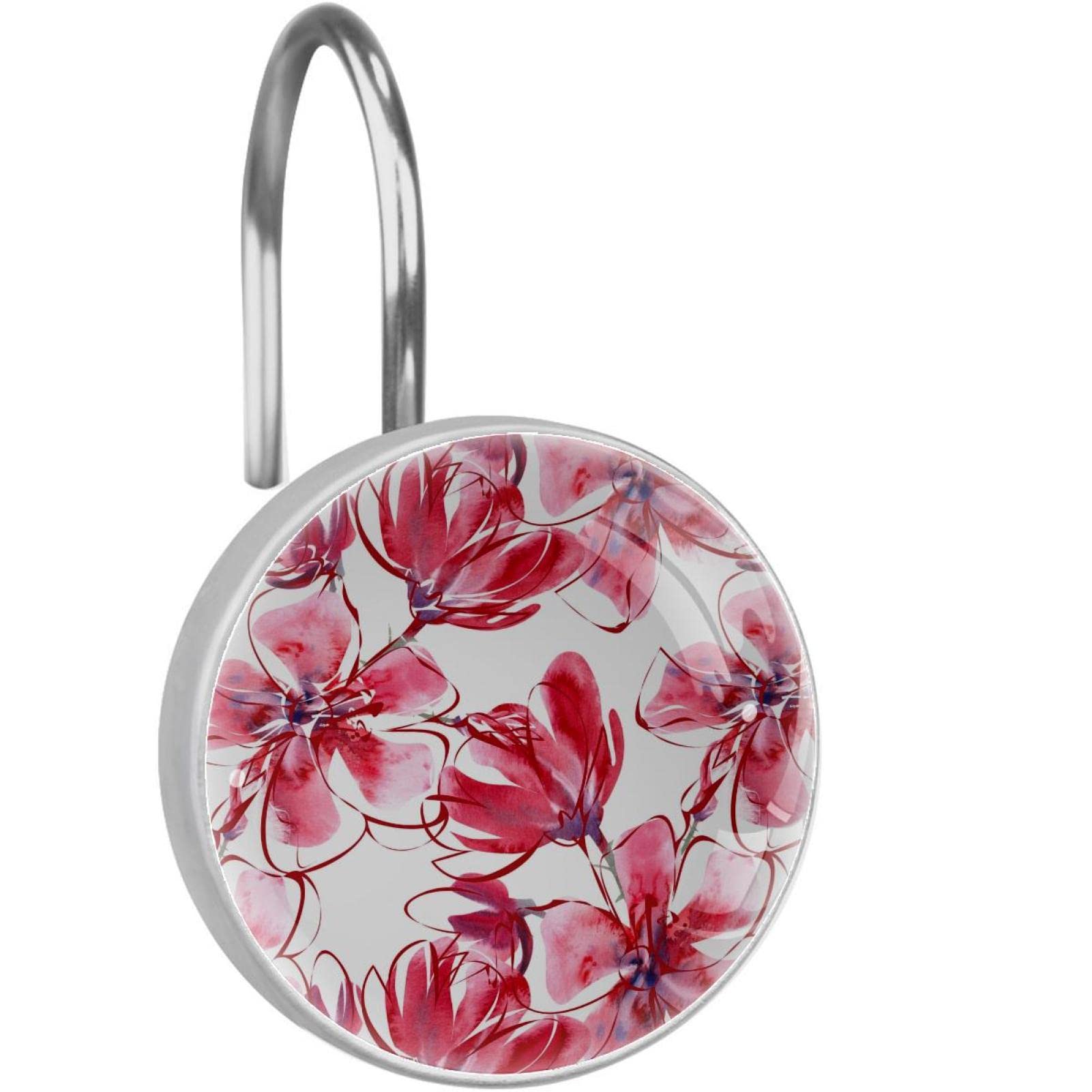 Anneaux de rideau de douche avec crochet métallique fleuri rouge x12