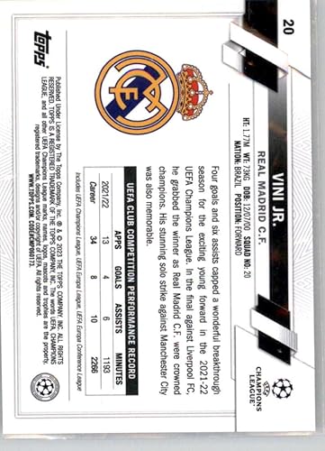 Miniatura 2 de 2022-23 TOPPS CHROME UEFA CLUB COMPETITIONS #20 VINI JR. REAL MADRID C.F. SOCCER OFFICIAL TRADING CARD OF SOCCER