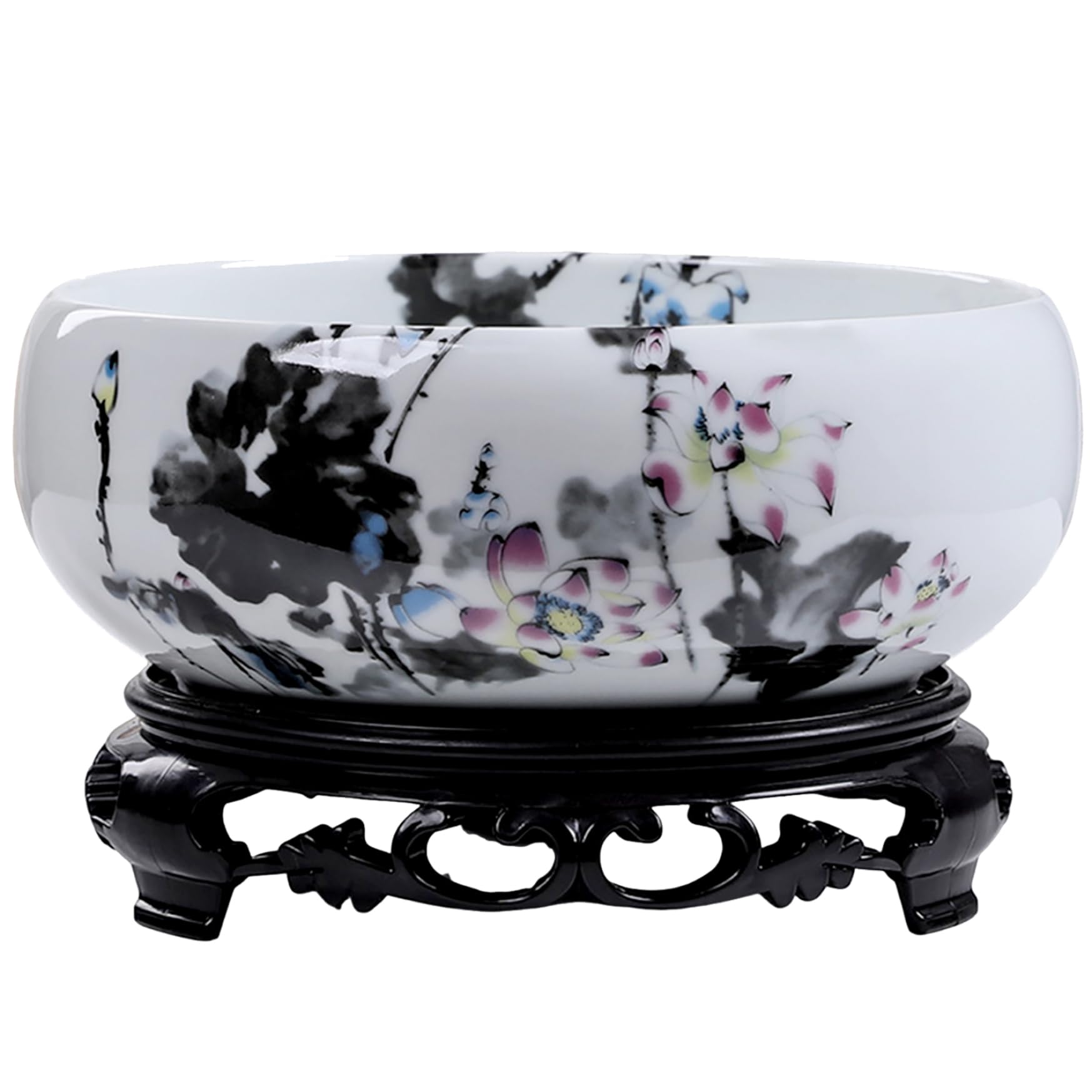 Ngbbby 6.30-6.69Inch Lotus Planter With Base Ceramic Water Lily Lotus Bowl Planter Decorative Round Flowerpot For Garden Balcony