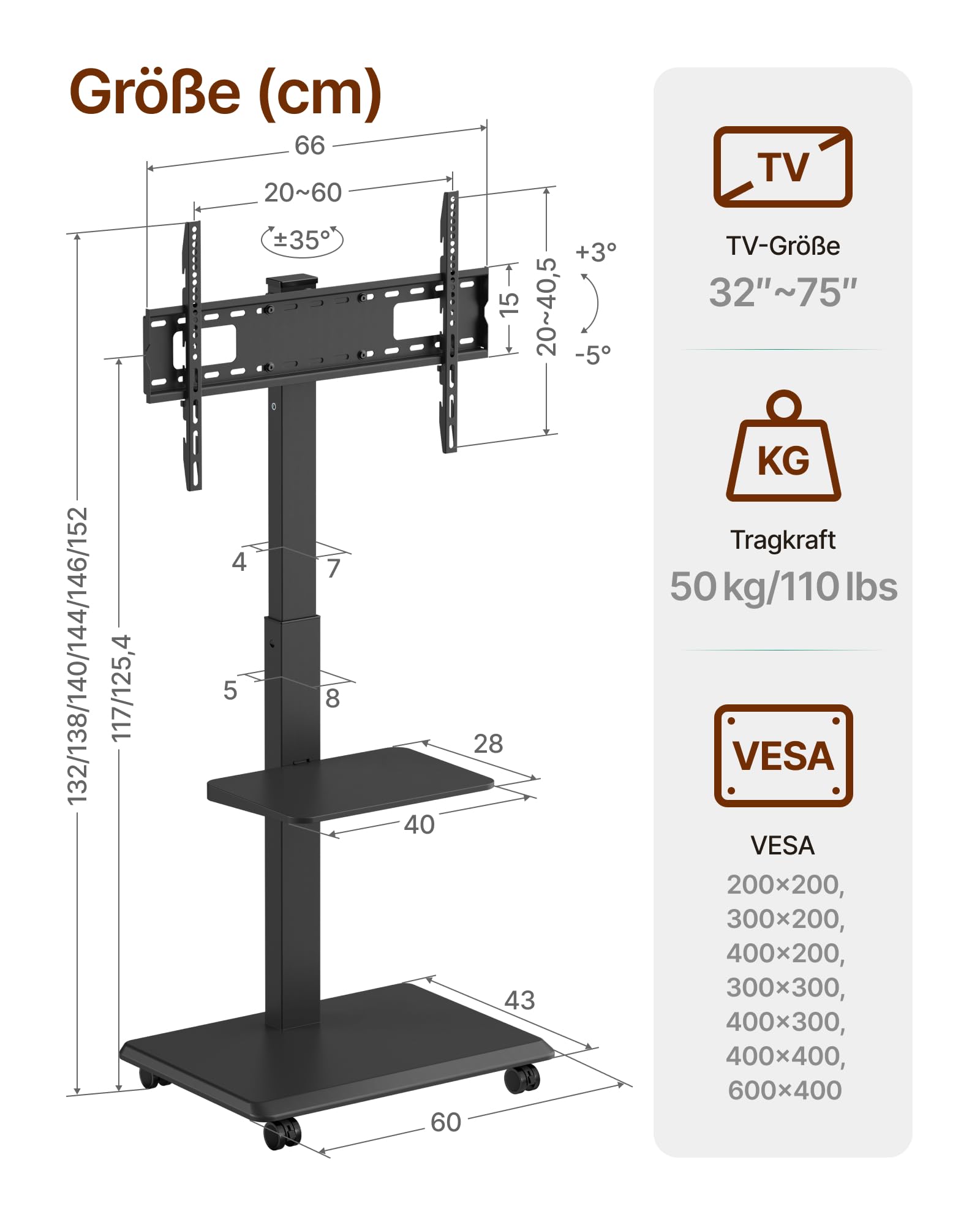 TV Ständer Rollbar aus Stahl für 37-75 Zoll Fernseher bis zu 50kg, Schwenkbar Fernsehständer Höhenverstellbarer mit Ablage, TV Bodenständer mit Versteckter Kabelverwaltung, VESA 600 x 400mm