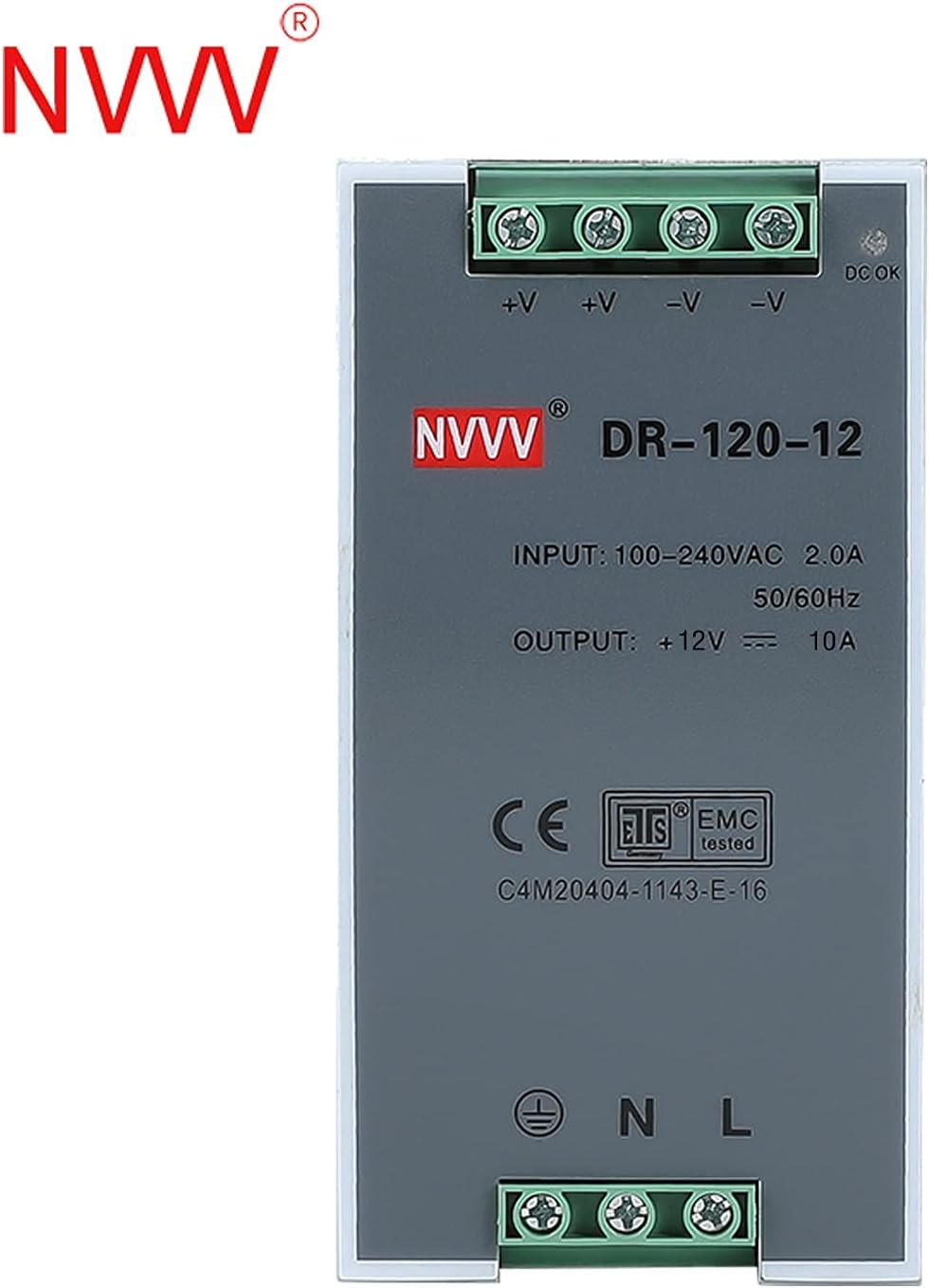 DR-120-12 AC to DC DIN-Rail Mount Power Supply, 12V, 10 Amp, 120W Single Extreme -30 to 70 °C (-22 to 158 °F) Operating Temp, Overload Protection, Metal