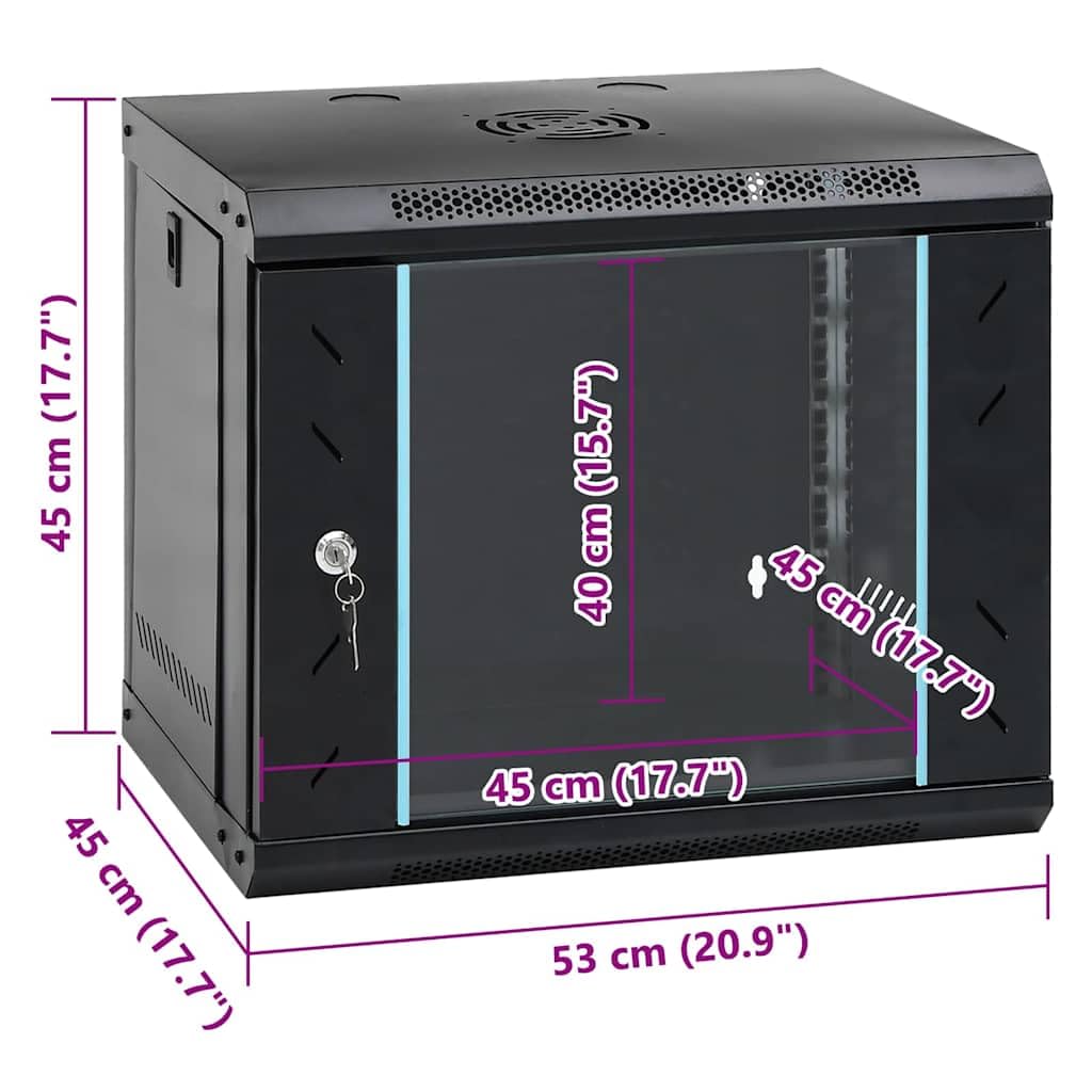 Armadio di rete 53 x 45 x 45 cm, alloggiamento da parete per server IT-Equipment Armadio in acciaio nero con porta in vetro di sicurezza