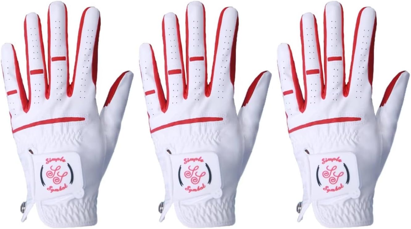 Men's Golf Glove Colorful Cabretta Leather And Synthetic Leather,Three Pack（Left is Wear on Left Hand,Right is Wear on Right Hand）Four Colors To Choose From Navy Blue/Sky/Red/Coffee(Red,S,Left)