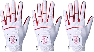 Men's Golf Glove Colorful Cabretta Leather and Synthetic Leather,Three Pack（Left is Wear on Left Hand,Right is Wear on Right Hand） Four Colors to Choose from Navy Blue/Sky/Red/Coffee(Red,S,Left)