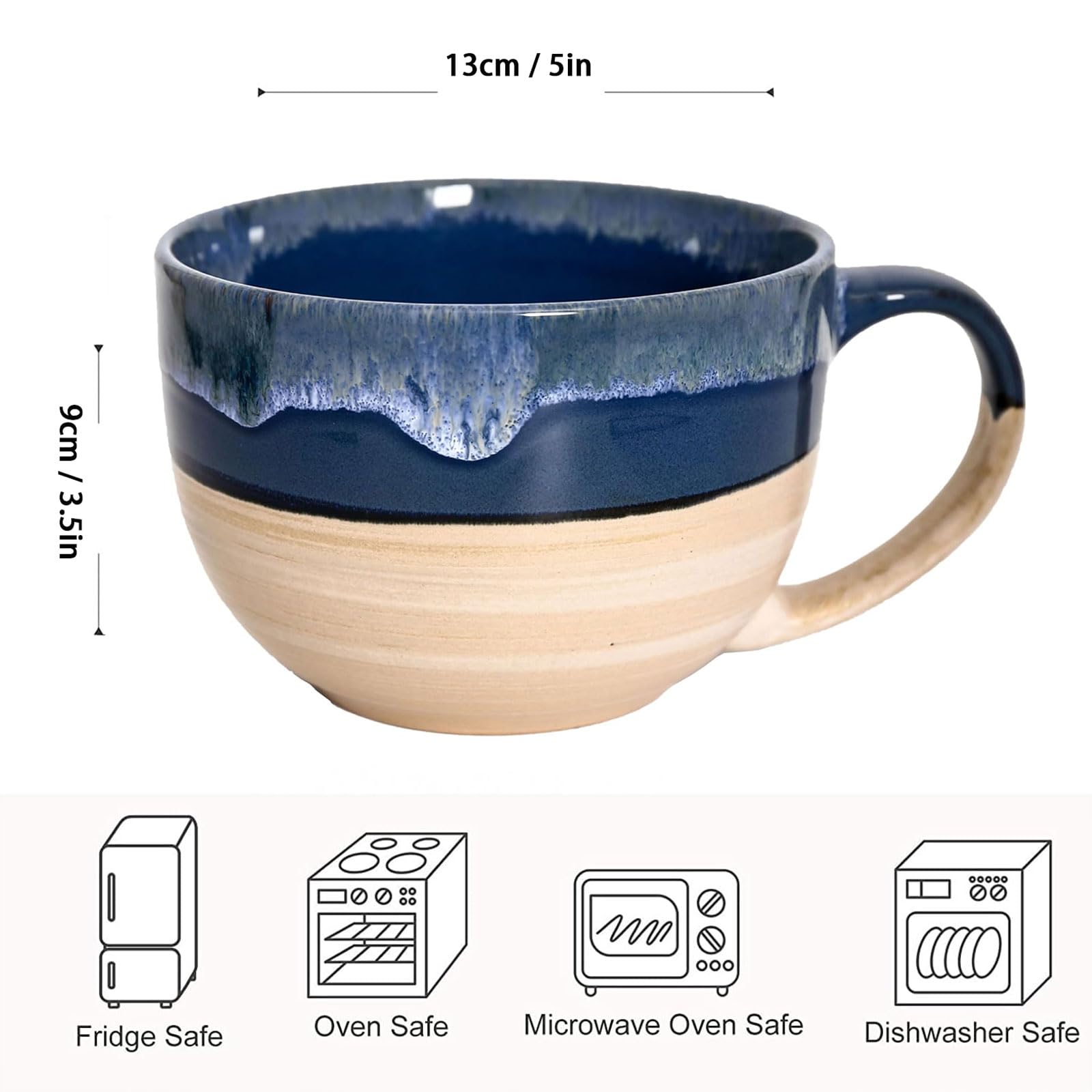 Tazze da tè in ceramica grandi da 700 ml, ciotole per cereali con manici, ciotole per zuppa, ciotole per insalata, ciotole per ramen per caffè, cereali, zuppa, snack (Blu)