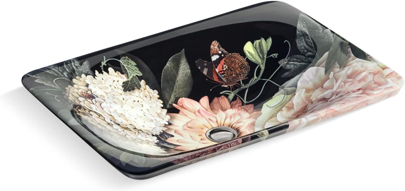 KOHLER K-30333-DM1-0 Dutchmaster Blush Floral Carillon, ARTIST EDITIONS Rectangle Wading Pool Vessel Bathroom Sink, White