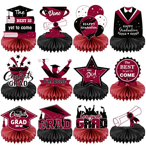 Honoson 12 Pcs 2025 Graduation Party Decorations Class of 2025 Congrats Grad Table Centerpieces Congratulate Graduation Honeycomb Table Toppers for Grad Party Favor Supplies(Maroon, Black)