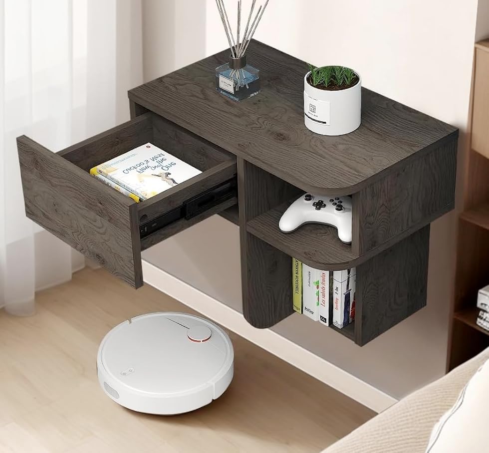 Miniatura 2 de Mesita de noche flotante con cajón y estante abierto, mesita de noche montada en la pared con gran almacenamiento, mesa auxiliar moderna de mediados