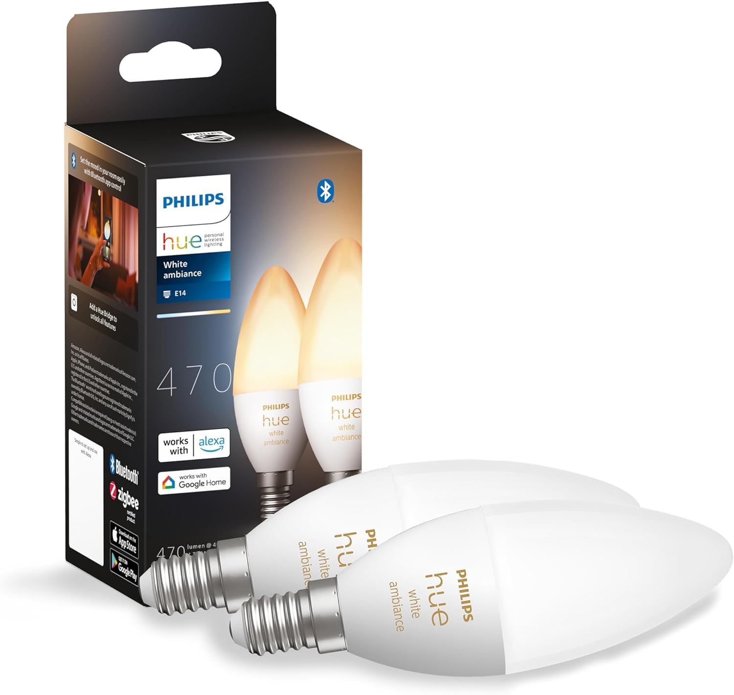 Philips Hue White Ambiance E14 LED Lampe Doppelpack, alle Weißschattierungen, kompatibel mit Amazon Alexa (Echo, Echo Dot) + Wireless Dimming Schalter, komfortabel dimmen ohne Installation