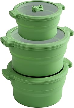 Collapsible Silicone Microwave Cookware Cooker Steamer for Cooking with Lids, 0.8L and 1.4L Glass Food Storage Container Sealed Bowl Mixing Bowls 3pc Set BPA Free