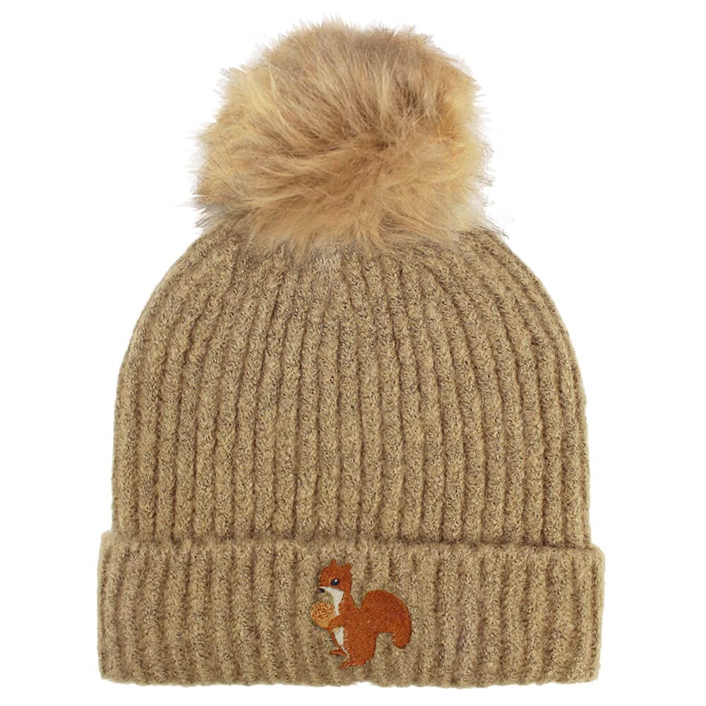 Teddyt's Women's Caramel Embroidered Squirrel Rib Bobble Hat (Caramel)