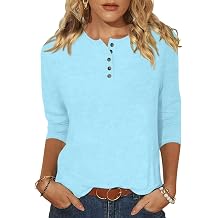 Womens 3/4 Sleeve Henley Shirts Crew Neck Casual Buttons Tops