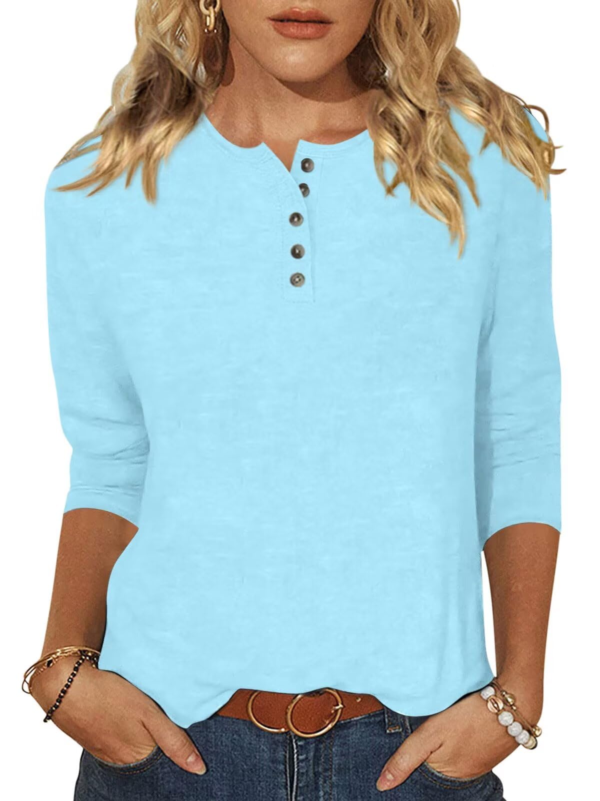 Womens Crew Neck 3/4 Sleeve Tops Basic Button T-Shirts Solid Loose Cute Tunic Tee Blouses Fit Pullover