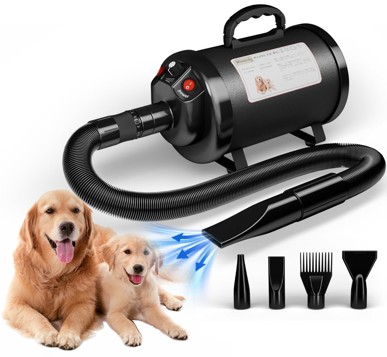 Blanlody Asciugacapelli per Cani Blower Molto Silenzioso, 5,2 CV/3800 W, velocità Regolabile, Ventilatore per la Cura del Cane con 4 Diversi ugelli, Tubo Elastico