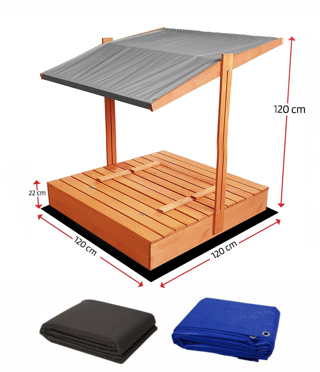 Sandkasten aus Holz mit Dach GRAU & wetterfester Tarpaulin Abdeckung - Sandkiste 120 x 120 cm. mit UV 50 Sonnenschutz & Faltbare Bank - Sandkästen rechteckig überdacht für Kinder