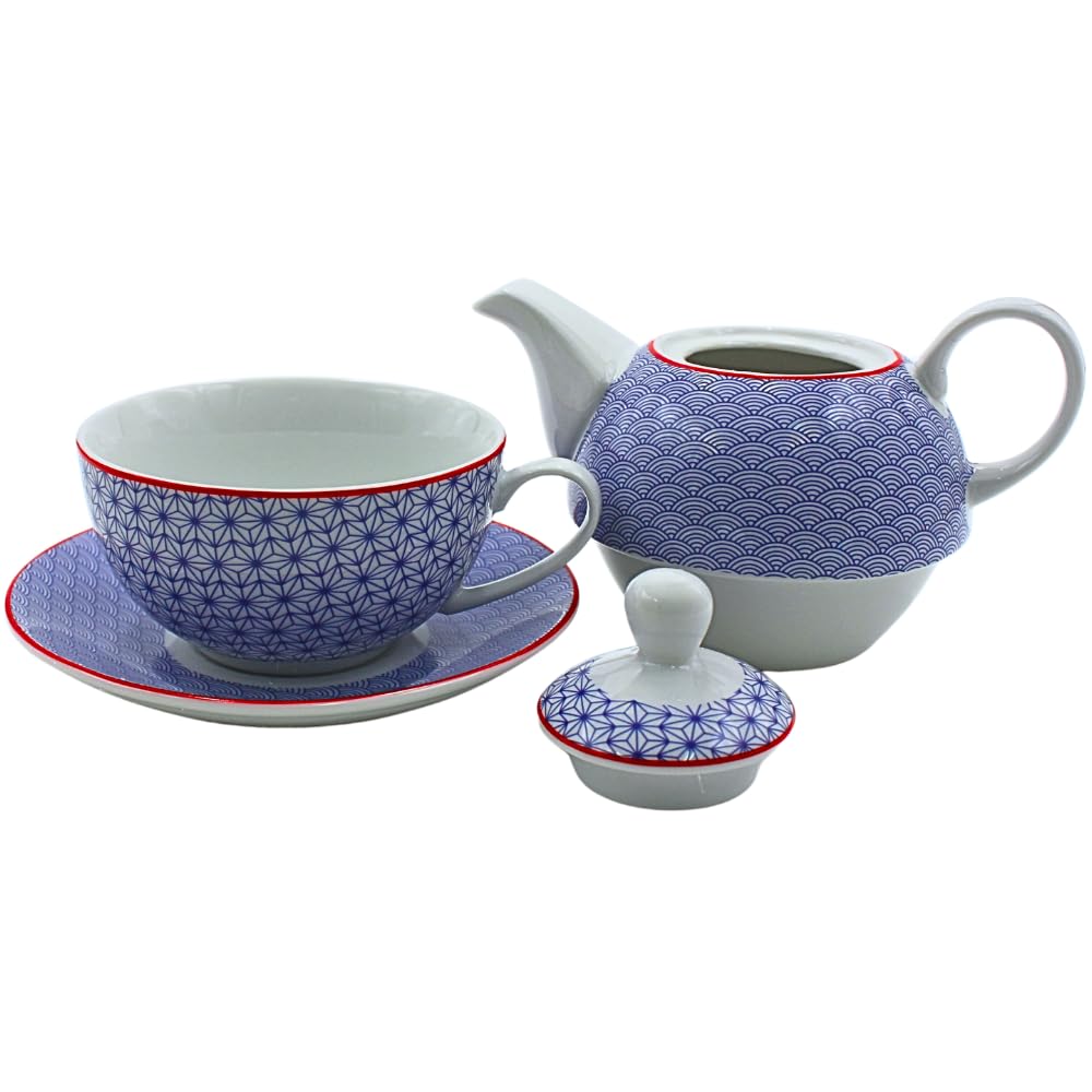 Dekohelden24 Teiera in porcellana, set Tea for one, caraffa da servizio per il tè, teiera, servizio da tè, tazza da tè con teiera, set di teiere retrò con tazza da tè in porcellana in blu, L/L/A 15 x