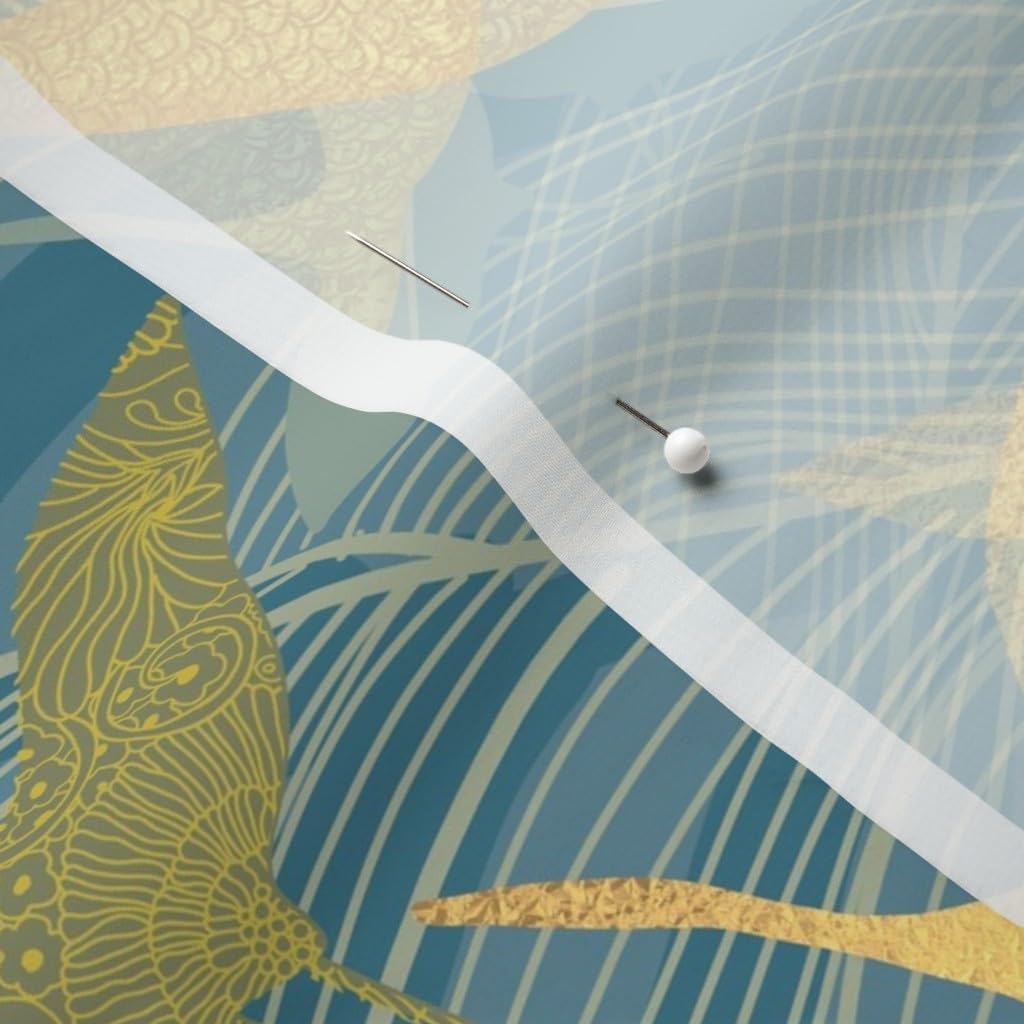 Spoonflower Fabric - Gold Japan Dragon Kimono Waves Hawaii Ocean Flying Cranes 1000 Sea Printed on Chiffon Fabric by The Yard - Sewing Fashion Apparel Dresses Home Decor
