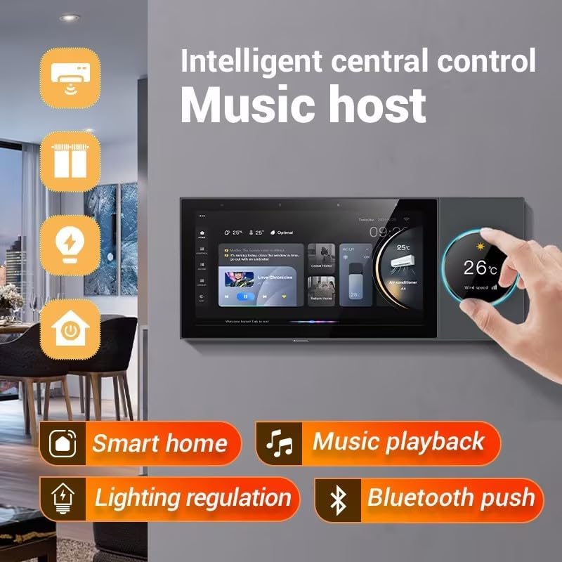 ANJIELO SMART F8 control panel displaying smart home controls for music, lighting, and other appliances.