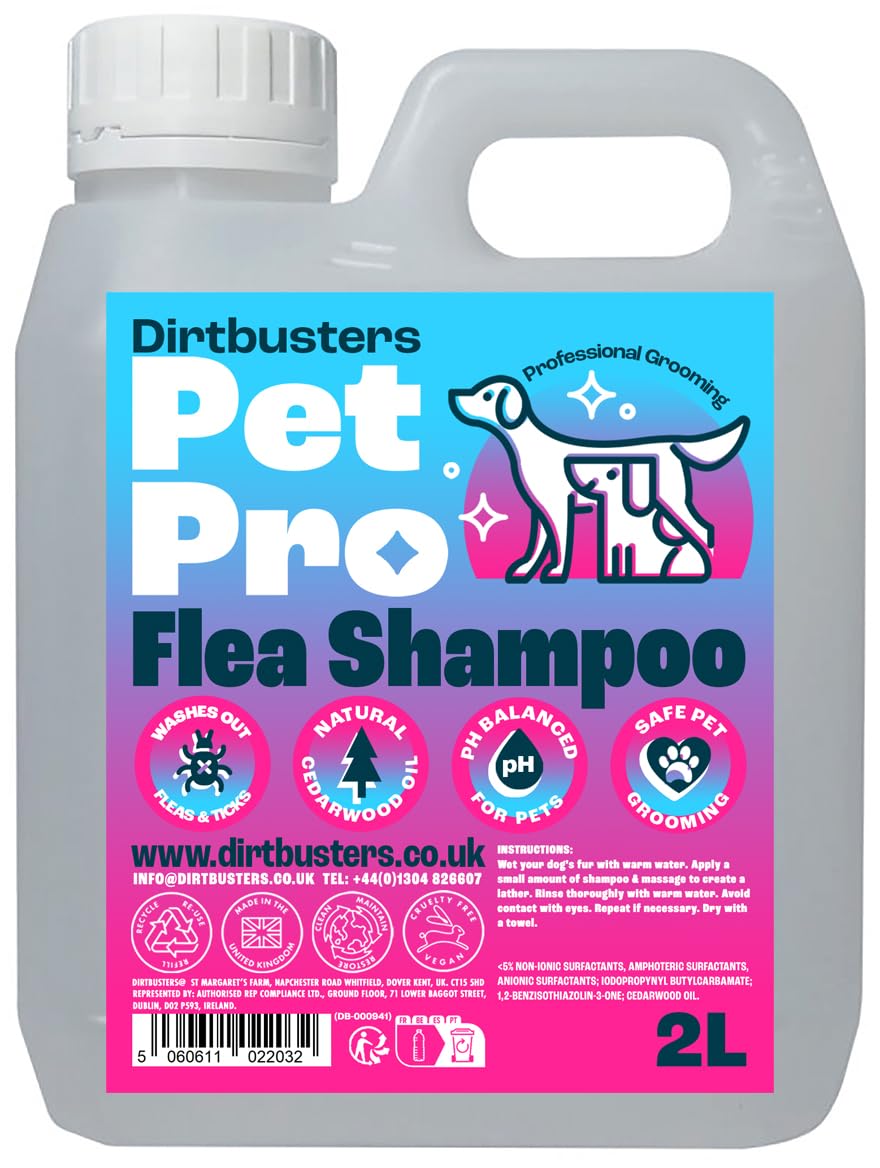 Dirtbusters Pet Pro Flea Shampoo For Dogs (2L) Natural Cedarwood Oil Enriched Dog Flea Shampoo For Professional Dog Grooming, Itchy & Sensitive Skin, Wash Away Dirt, Flea's & Ticks
