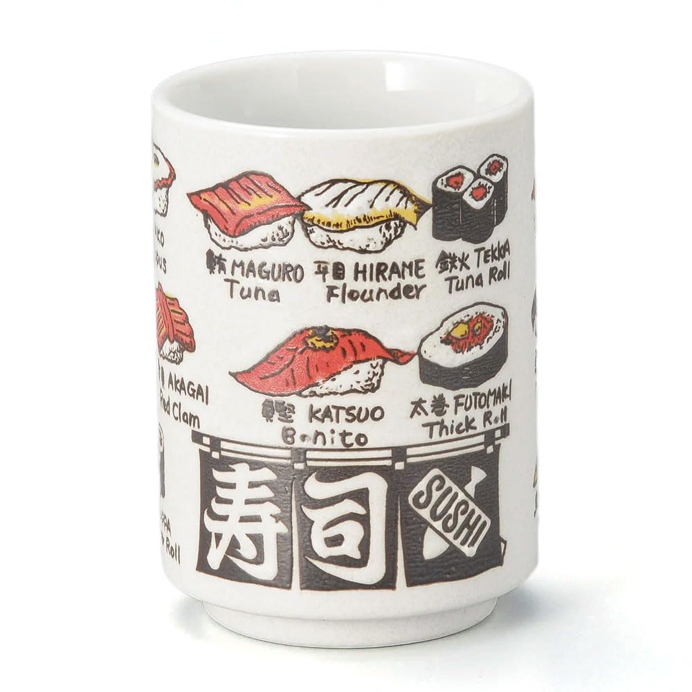 Mino Ware Sushi Pattern, Yunomi Ceramic, Japanese Design, Approx. 9.5 fl oz (280 ml), Japanese Tea Cup, English Notation, Tuna, Flicker, Bonito Pattern, Gift, Souvenir, For Guests : Home & Kitchen